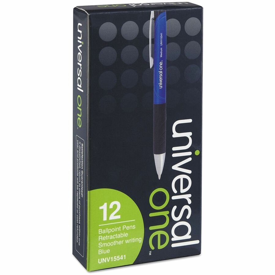 Universal Comfort Grip Ballpoint Pen, 1 mm Medium Conical, Retractable, Blue Ink, Blue/Black Barrel, 1 Dozen
