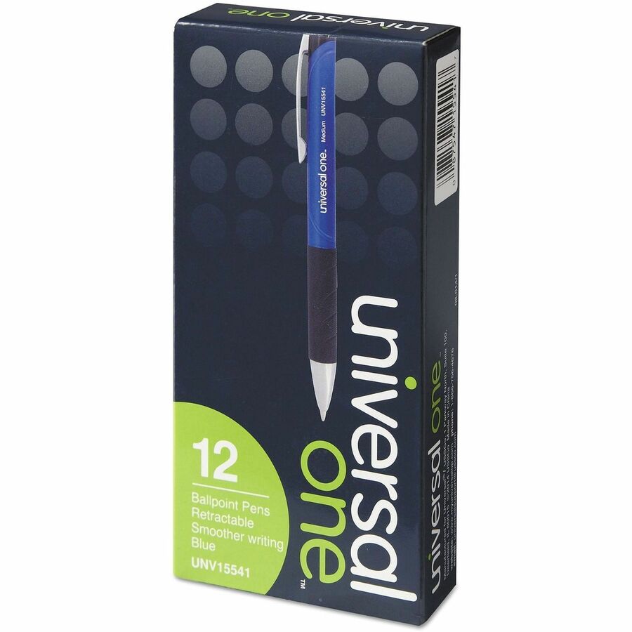Universal Comfort Grip Ballpoint Pen, 1 mm Medium Conical, Retractable, Blue Ink, Blue/Black Barrel, 1 Dozen