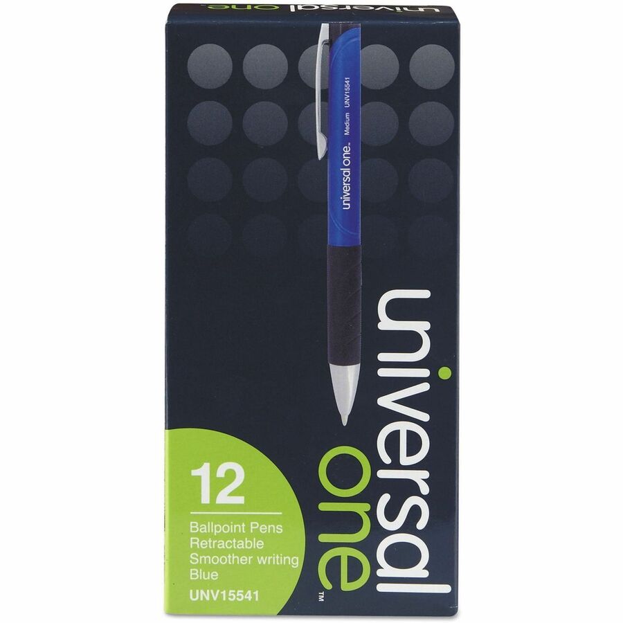 Universal Comfort Grip Ballpoint Pen, 1 mm Medium Conical, Retractable, Blue Ink, Blue/Black Barrel, 1 Dozen