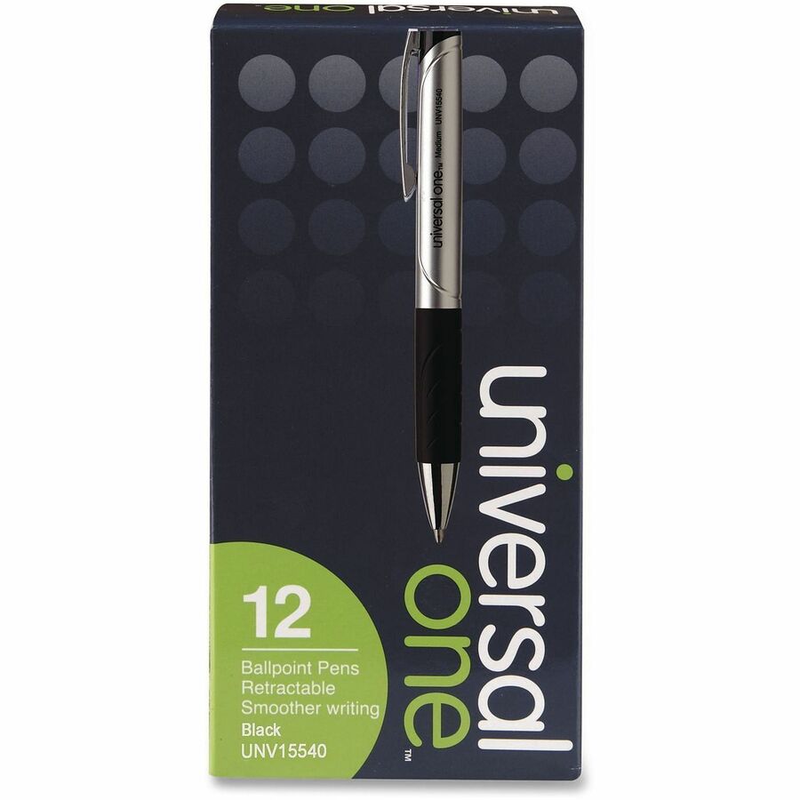 Universal Comfort Grip Ballpoint Pen, 1 mm Medium Conical, Retractable, Black Ink, Silver/Black Barrel, 1 Dozen