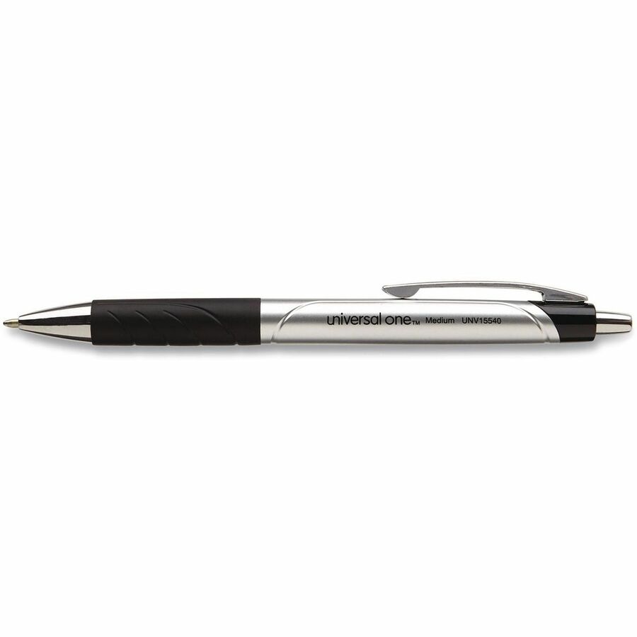 Universal Comfort Grip Ballpoint Pen, 1 mm Medium Conical, Retractable, Black Ink, Silver/Black Barrel, 1 Dozen