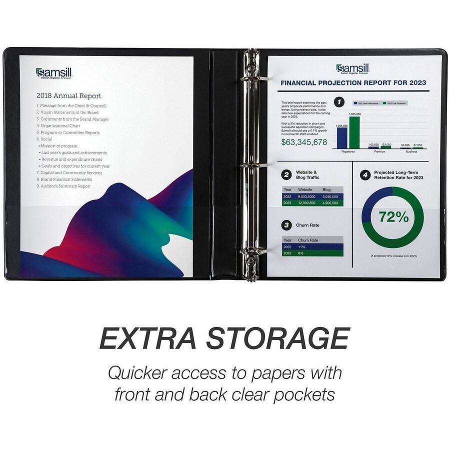 Samsill Ring Binder - Letter - 8 1/2" x 11" Sheet Size - 3 x 1" Ring(s) - Fastener(s): D-Ring - Pocket(s): 2, Internal - Black - Durable, Clear Overlay, Non-stick, Transfer Safe, Copy Safe, Wear Resistant, Tear Resistant - 4 / Pack