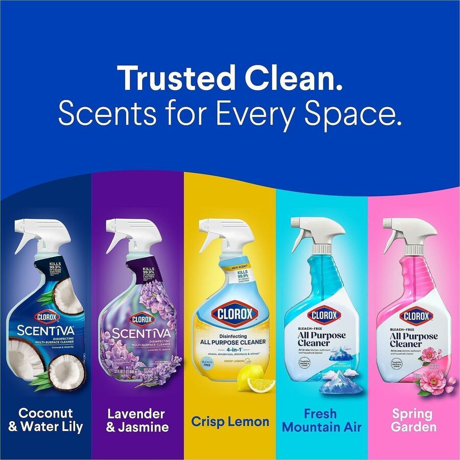 Clorox Scentiva Multi-Surface Cleaner - For Multi Surface, Multipurpose - Spray - 32 fl oz (1 quart) - Lavender & Jasmine Scent - Disinfectant, Bleach-free, Long Lasting, Deodorize, Freshen - Lavender - 9 / Carton