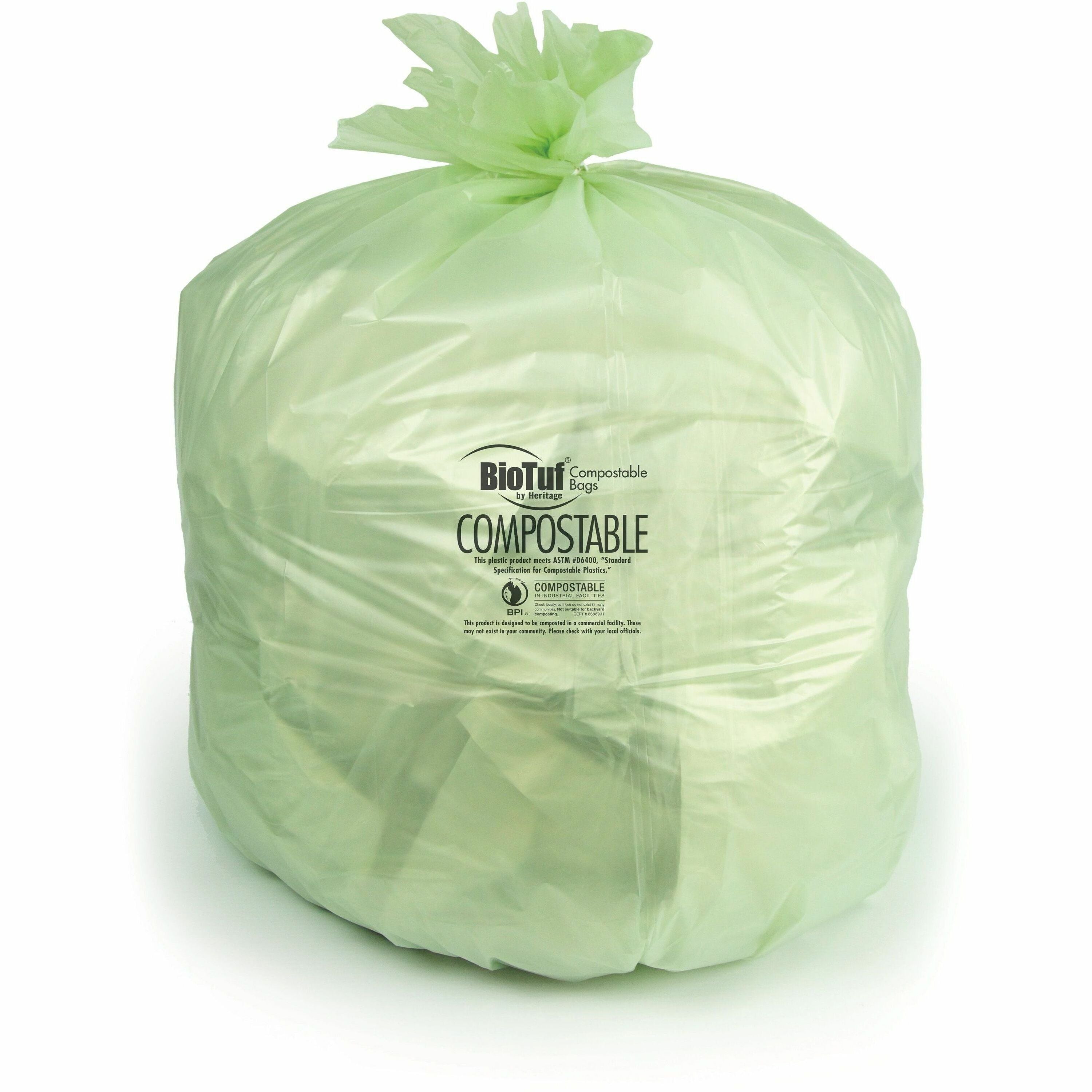 Heritage BioTuf Trash Bag - 45 gal Capacity - 40" Width x 46" Depth x 0.90 mil (23 Micron) Thickness - High Density - Green - Bioplast - Can, Food Waste, Industrial - 1 Carton