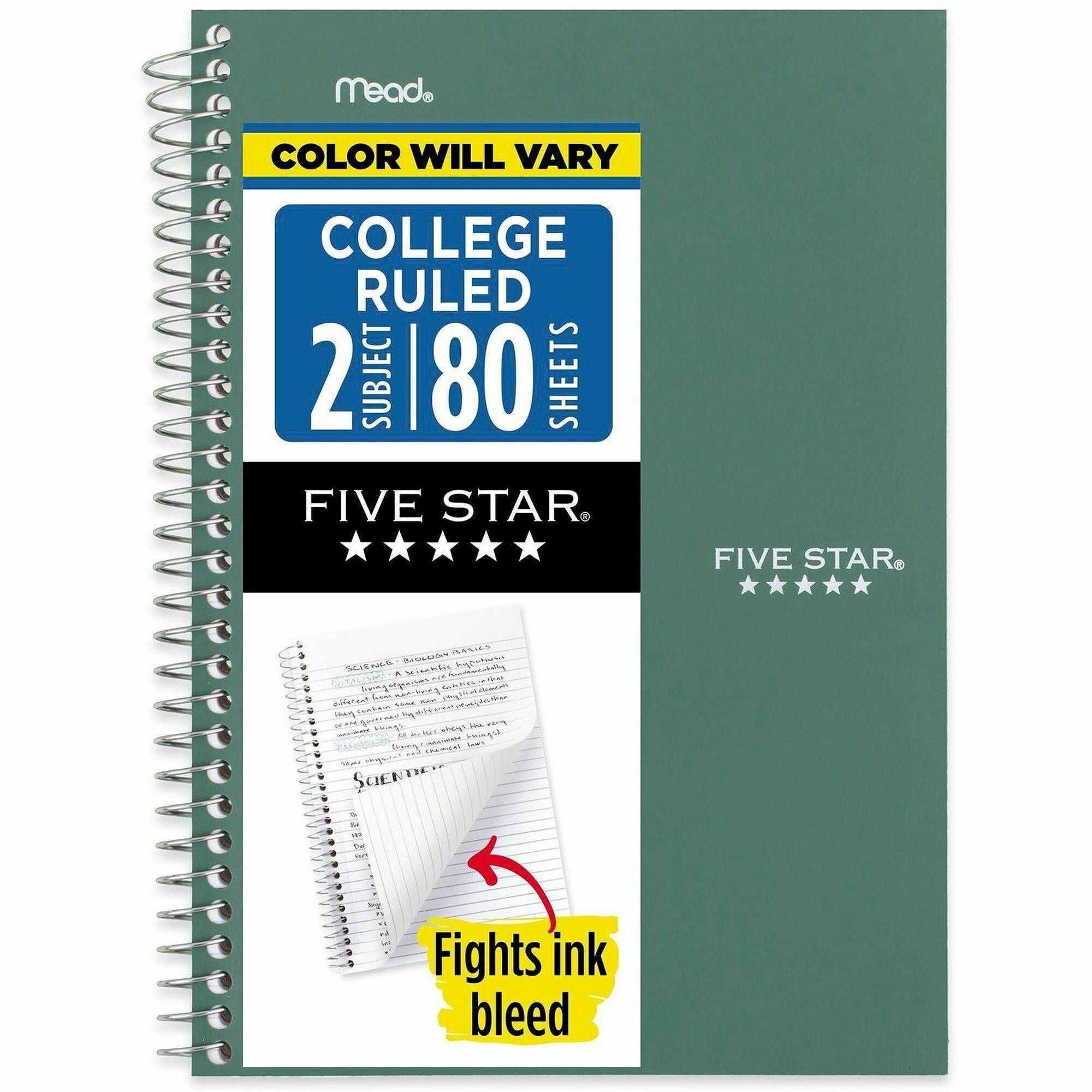 Mead College Ruled Notebook, 2 Subjects, 80 Sheets, 6" x 9-1/2", Wire Bound, Assorted Plastic/Poly Cover, Durable, Water Resistant, Pocket Divider, Perforated, Spiral Lock, 1 Each