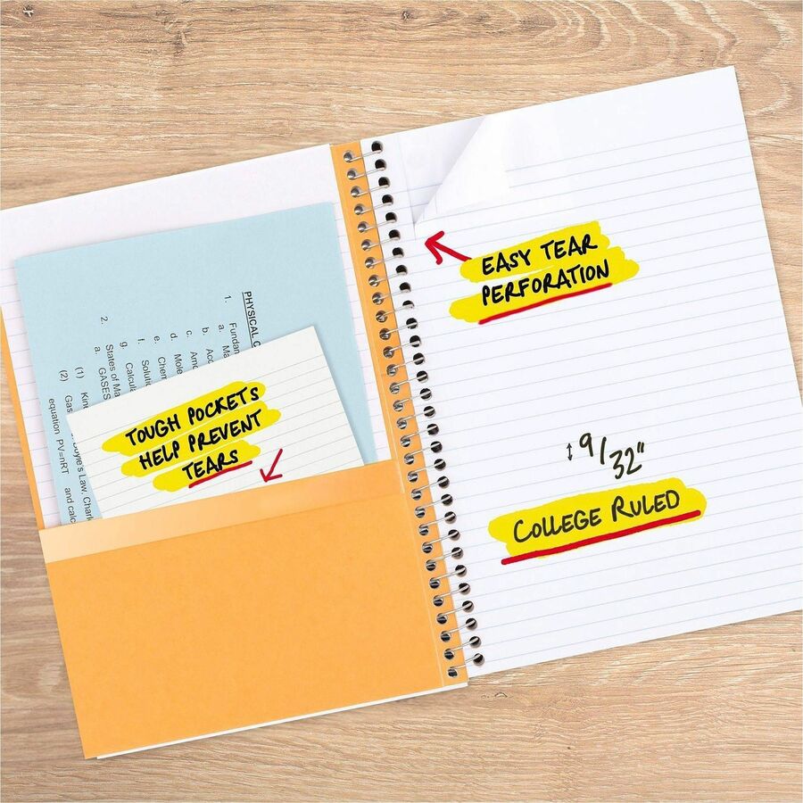 Mead College Ruled Notebook, 2 Subjects, 80 Sheets, 6" x 9-1/2", Wire Bound, Assorted Plastic/Poly Cover, Durable, Water Resistant, Pocket Divider, Perforated, Spiral Lock, 1 Each