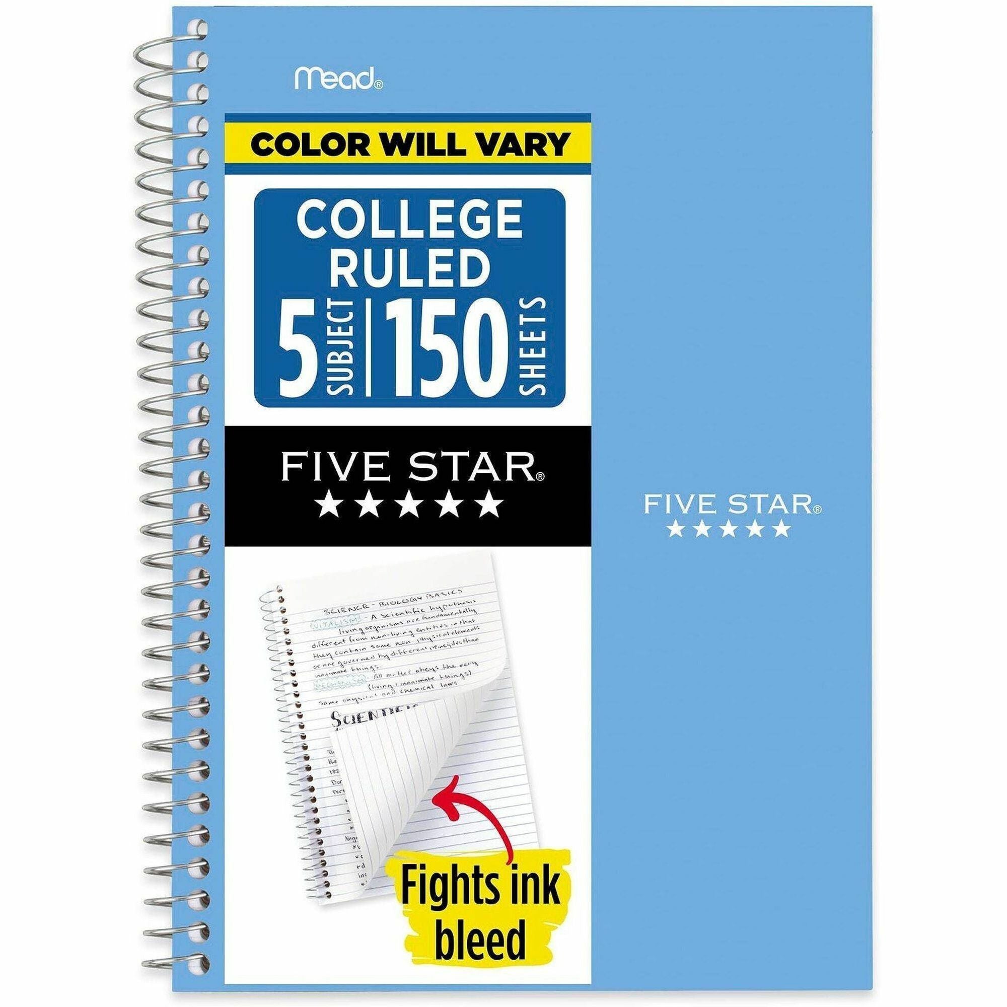 Mead College Ruled Notebook, 5 Subjects, 150 Sheets, 6" x 9.5", Spiral, Assorted Plastic Cover, 1 Each