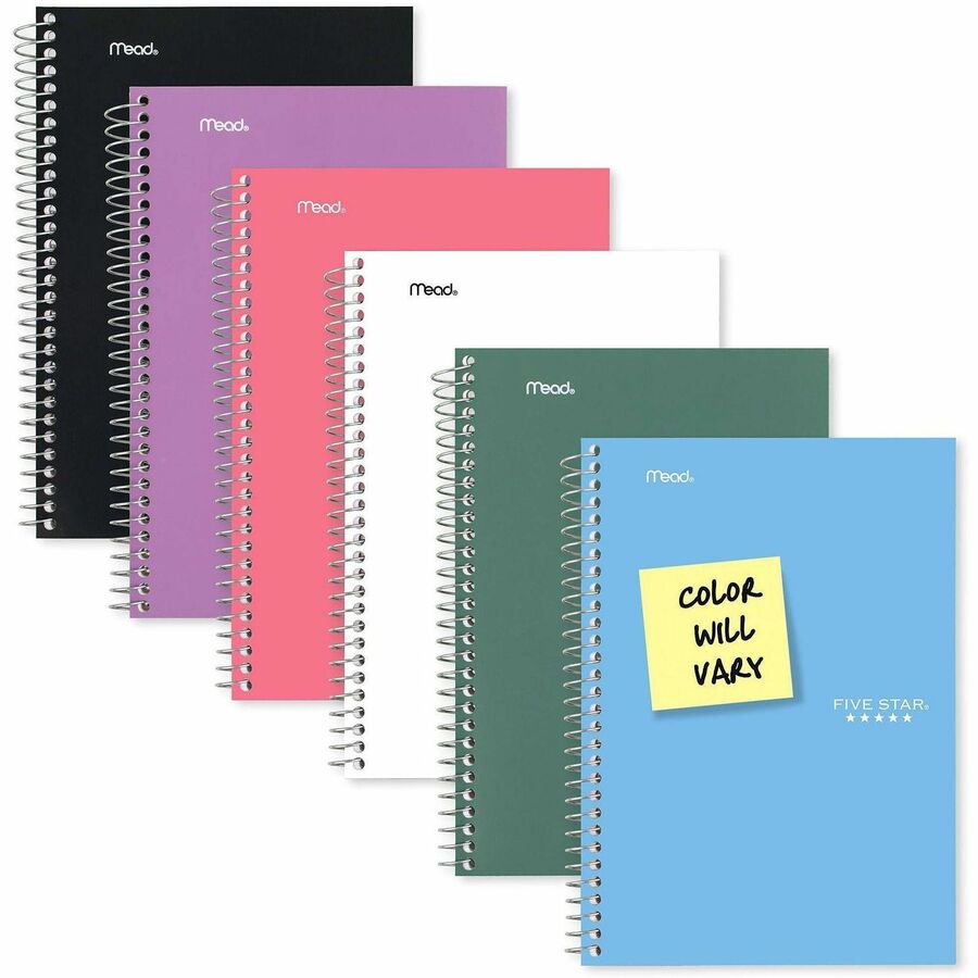 Mead College Ruled Notebook, 5 Subjects, 150 Sheets, 6" x 9.5", Spiral, Assorted Plastic Cover, 1 Each