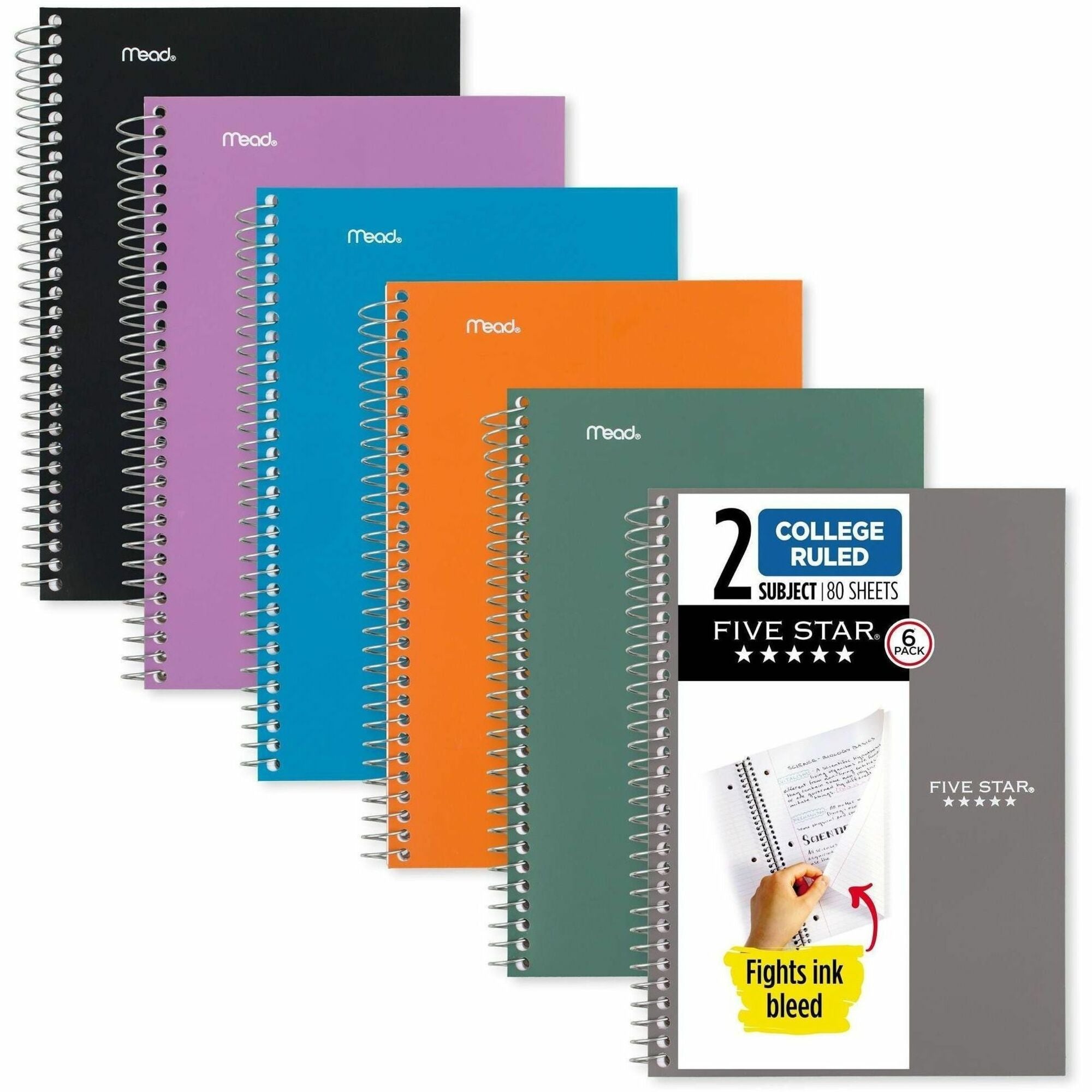 Mead College Ruled Notebook, 2 Subjects, 80 Sheets, 6" x 9.5", Spiral, Assorted Plastic Cover, Double Sided, Perforated, Ink Resistant, Water Resistant, 6 Pack