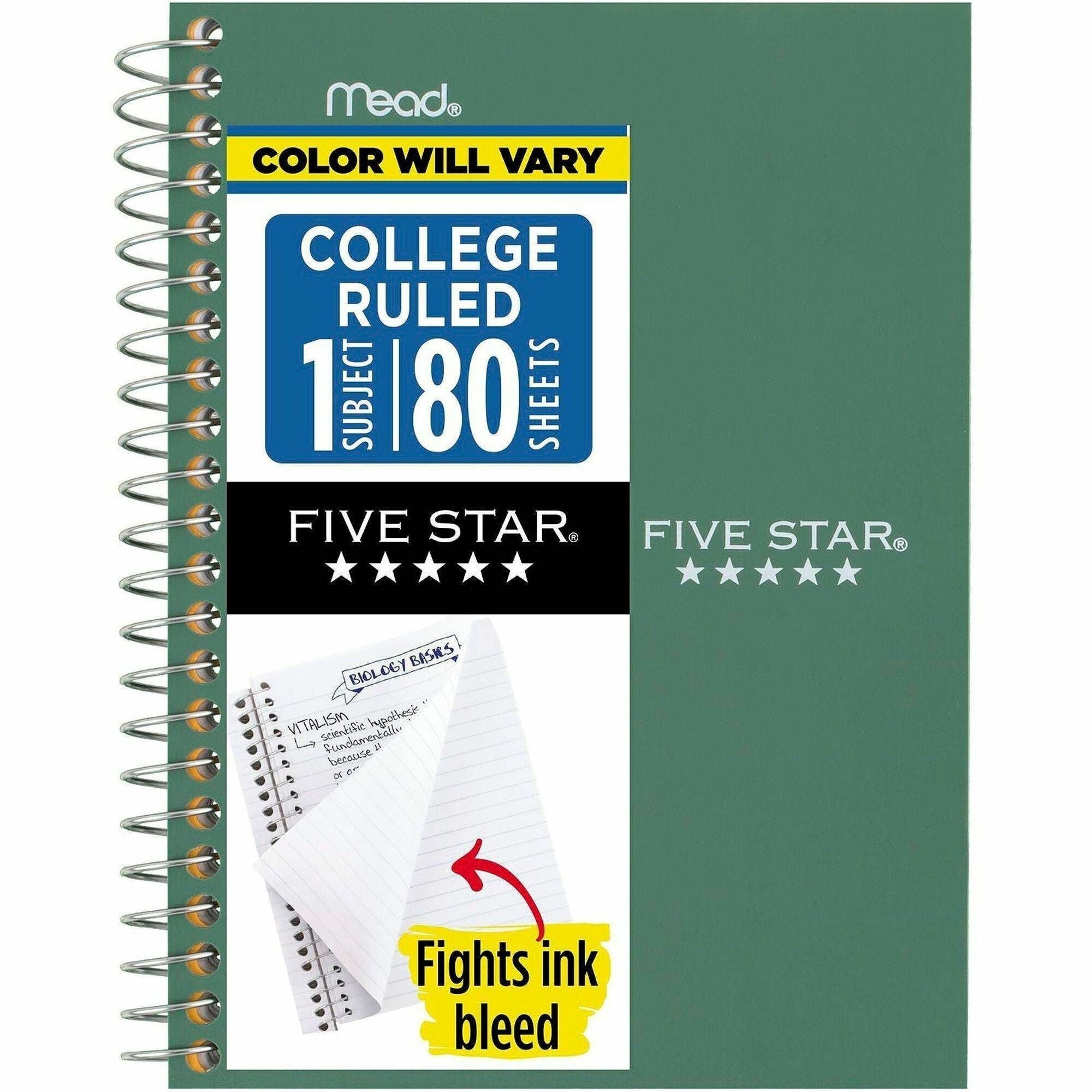 Mead College Ruled Notebook, 1 Subject, 80 Sheets, 4 3/8" x 7", Wire Bound, Assorted Poly/Plastic Cover, Durable, Water Resistant, Perforated, Pocket Divider, Spiral Lock, 1 Each