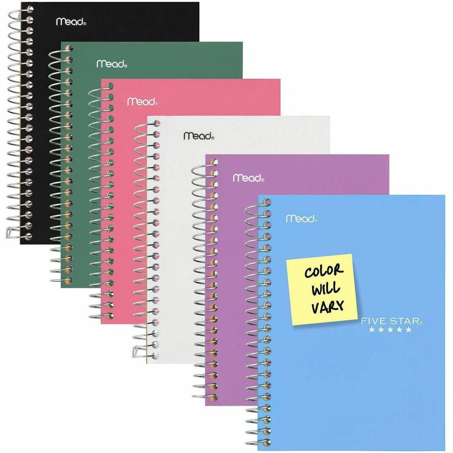 Mead College Ruled Notebook, 1 Subject, 80 Sheets, 4 3/8" x 7", Wire Bound, Assorted Poly/Plastic Cover, Durable, Water Resistant, Perforated, Pocket Divider, Spiral Lock, 1 Each