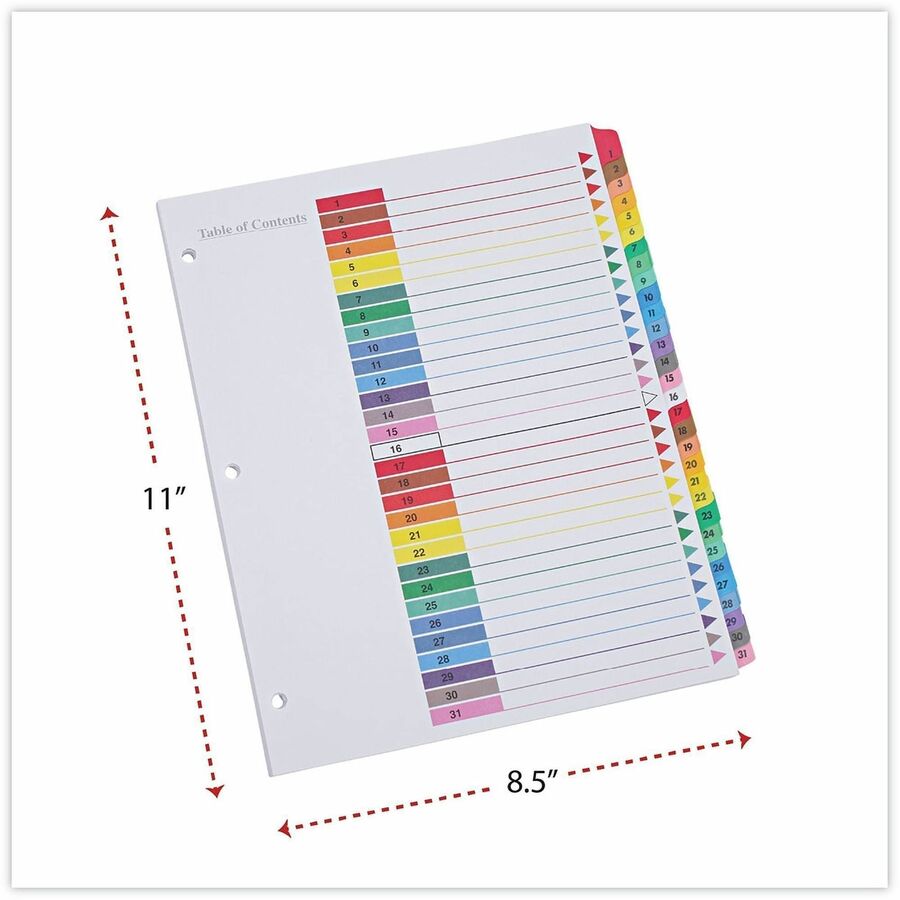 Universal Index Divider - 31 Side Tab(s) - Digit - 1-31 - 3 Hole Punched - White Paper Divider - Assorted Paper Tab(s) - Double-sided, Mylar Reinforced Edge, Laminated Tab - 1 Set