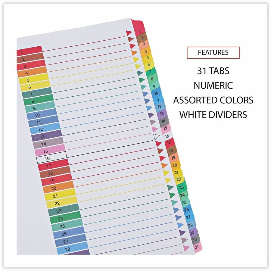 Universal Index Divider - 31 Side Tab(s) - Digit - 1-31 - 3 Hole Punched - White Paper Divider - Assorted Paper Tab(s) - Double-sided, Mylar Reinforced Edge, Laminated Tab - 1 Set