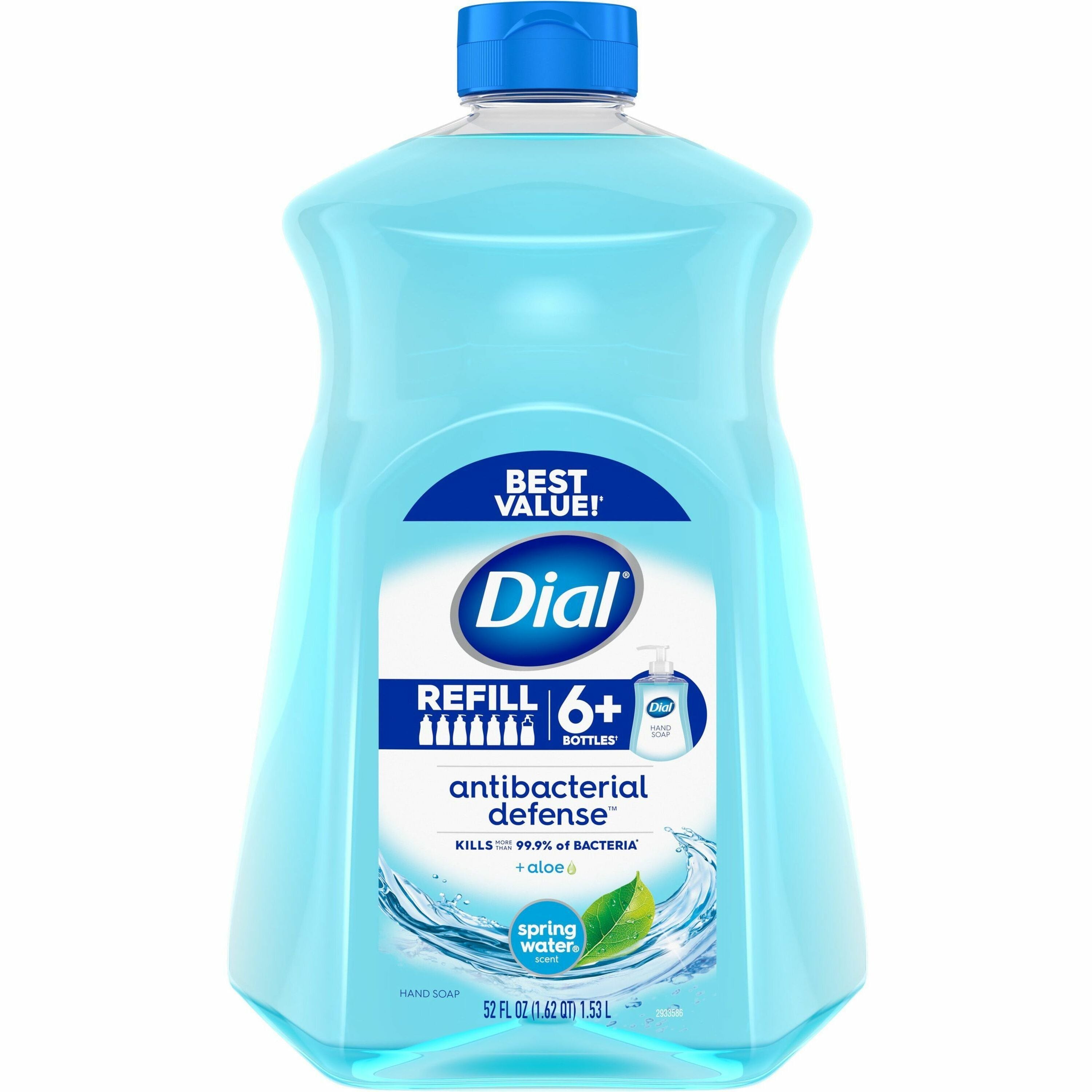Dial Antibacterial Defense Liquid Hand Soap, Spring Water Scent, 1.63 Quart, Pump Dispenser, Blue, 1 Each, Cruelty-free, Paraben-free, Phthalate-free, Silicone-free, pH Balanced, Sulfate-free, Recycled