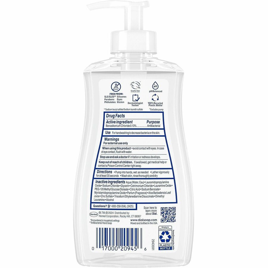 Dial Sensitive Skin Antibacterial Soap, Fresh Aloe Scent, 11 fl oz Pump Dispenser, Green, 1 Each, Cruelty-free, Paraben-free, Phthalate-free, Silicone-free, pH Balanced, Sulfate-free, Recycled