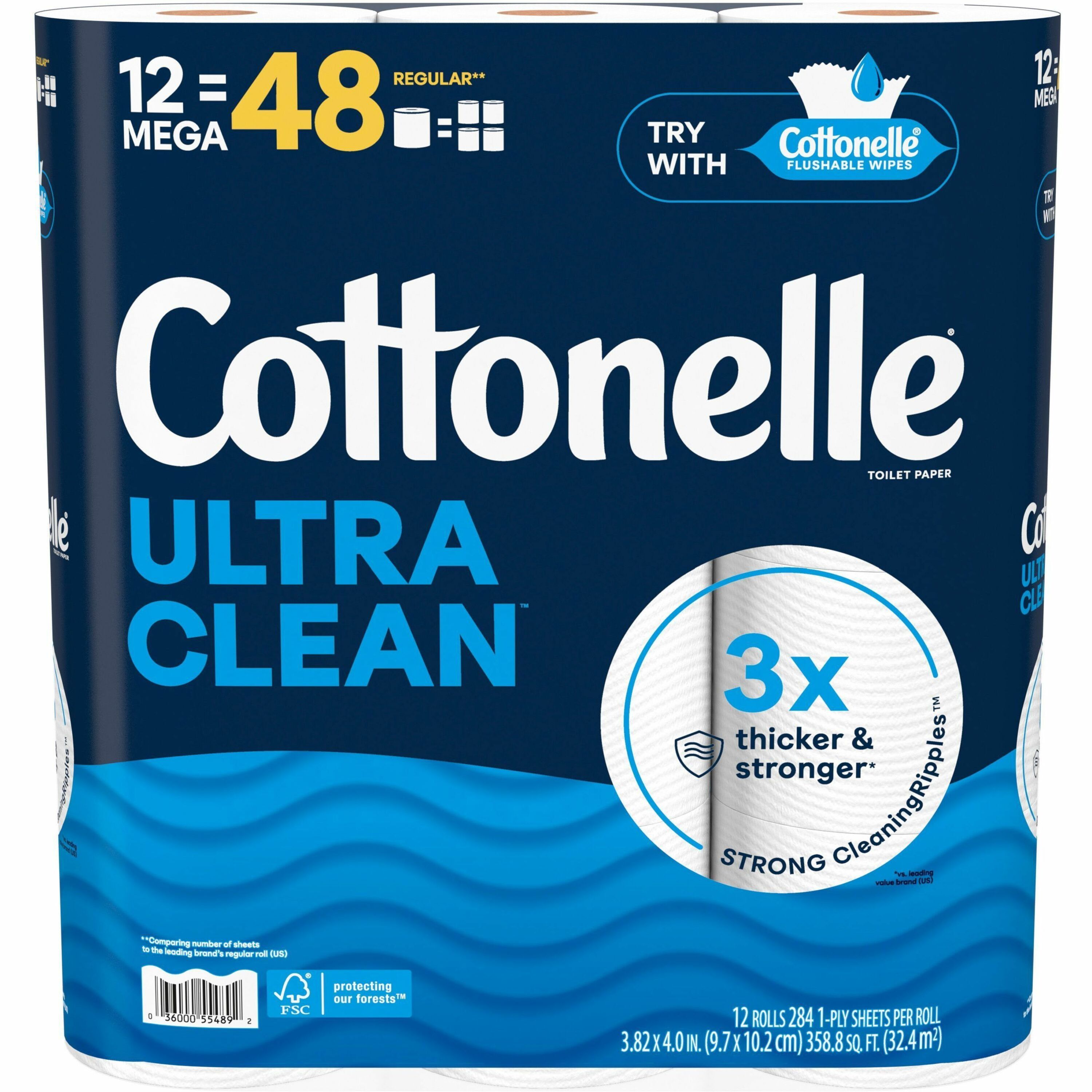 Cottonelle Ultra Clean Toilet Paper, 1 Ply, White, 12 Pack
