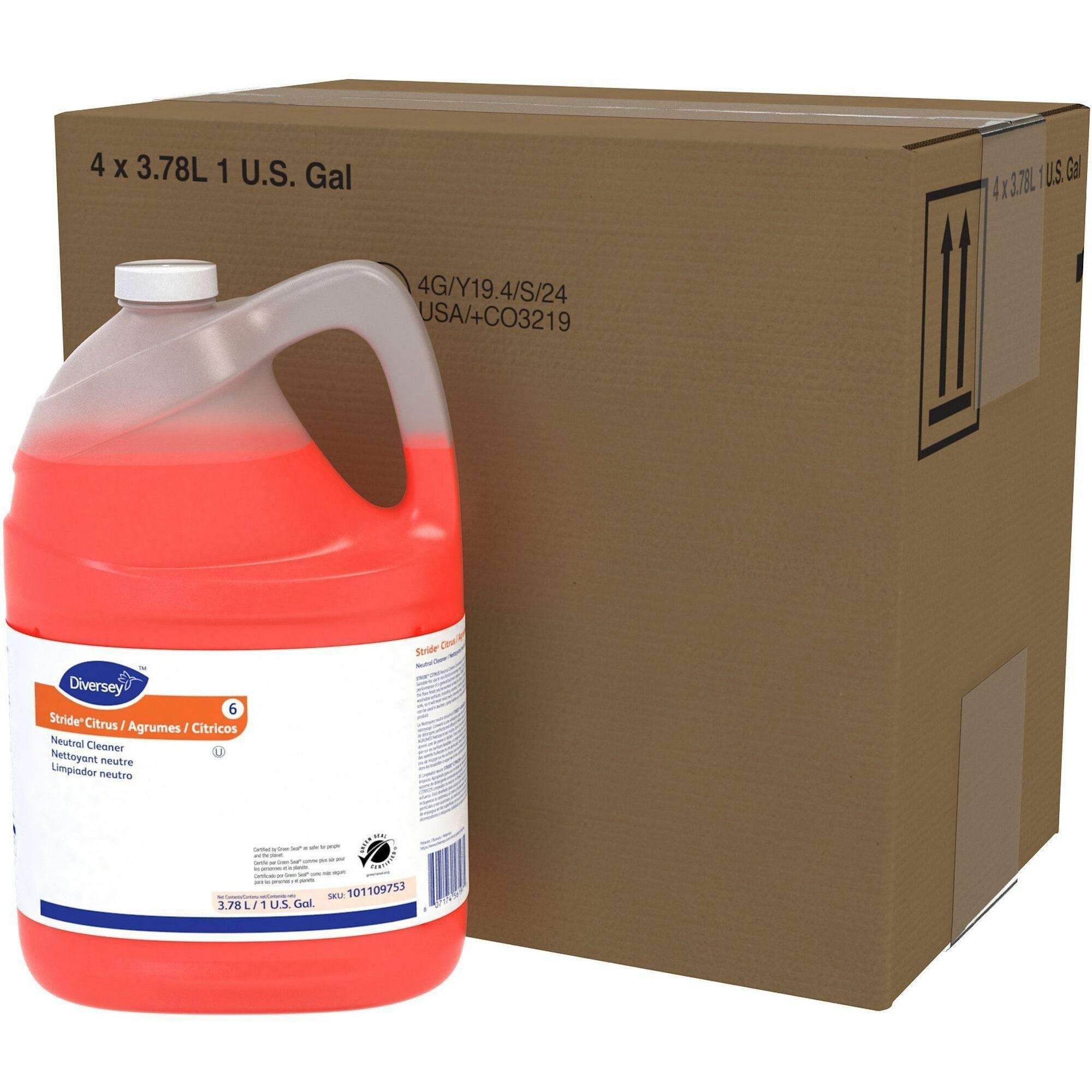 Diversey Stride Citrus Neutral Cleaner, Concentrate, Liquid, 128 fl oz Bottles, Citrus Scent, pH Neutral, Non-Alkaline, Film-Free, Low Foaming, Kosher, Orange, 4 Bottles per Carton