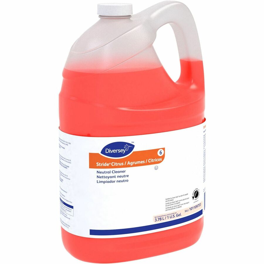 Diversey Stride Citrus Neutral Cleaner, Concentrate, Liquid, 128 fl oz Bottles, Citrus Scent, pH Neutral, Non-Alkaline, Film-Free, Low Foaming, Kosher, Orange, 4 Bottles per Carton