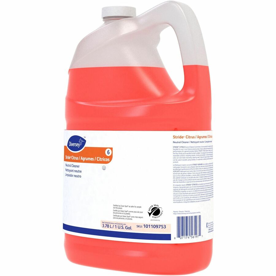 Diversey Stride Citrus Neutral Cleaner, Concentrate, Liquid, 128 fl oz Bottles, Citrus Scent, pH Neutral, Non-Alkaline, Film-Free, Low Foaming, Kosher, Orange, 4 Bottles per Carton