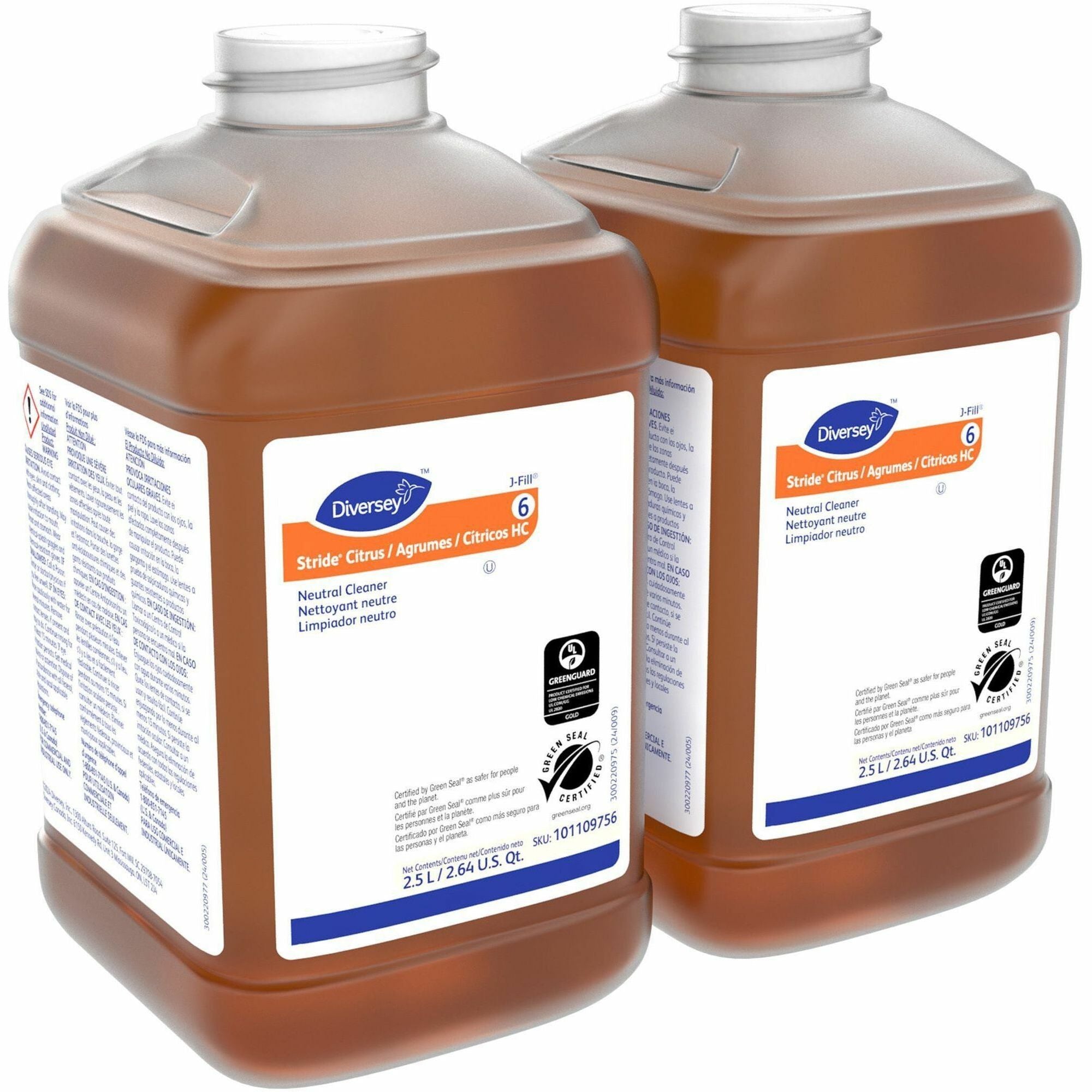 Diversey Stride Citrus Neutral Cleaner, Concentrate, Liquid, 84.5 fl oz (2.6 qt), Citrus Scent, pH Neutral, Non Alkaline, Low Foaming, Kosher, Orange, 2/Carton