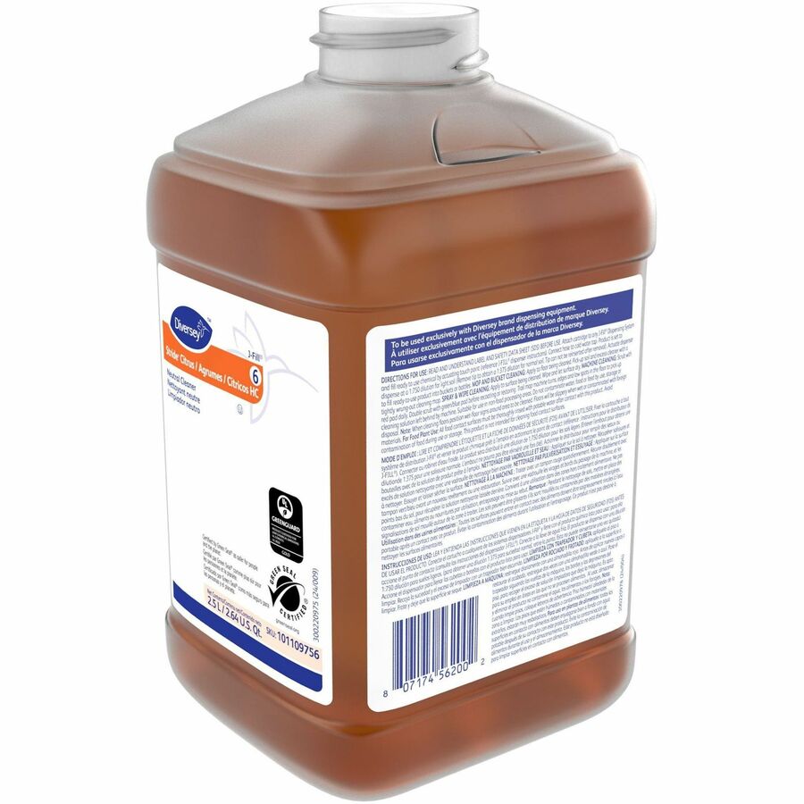 Diversey Stride Citrus Neutral Cleaner, Concentrate, Liquid, 84.5 fl oz (2.6 qt), Citrus Scent, pH Neutral, Non Alkaline, Low Foaming, Kosher, Orange, 2/Carton