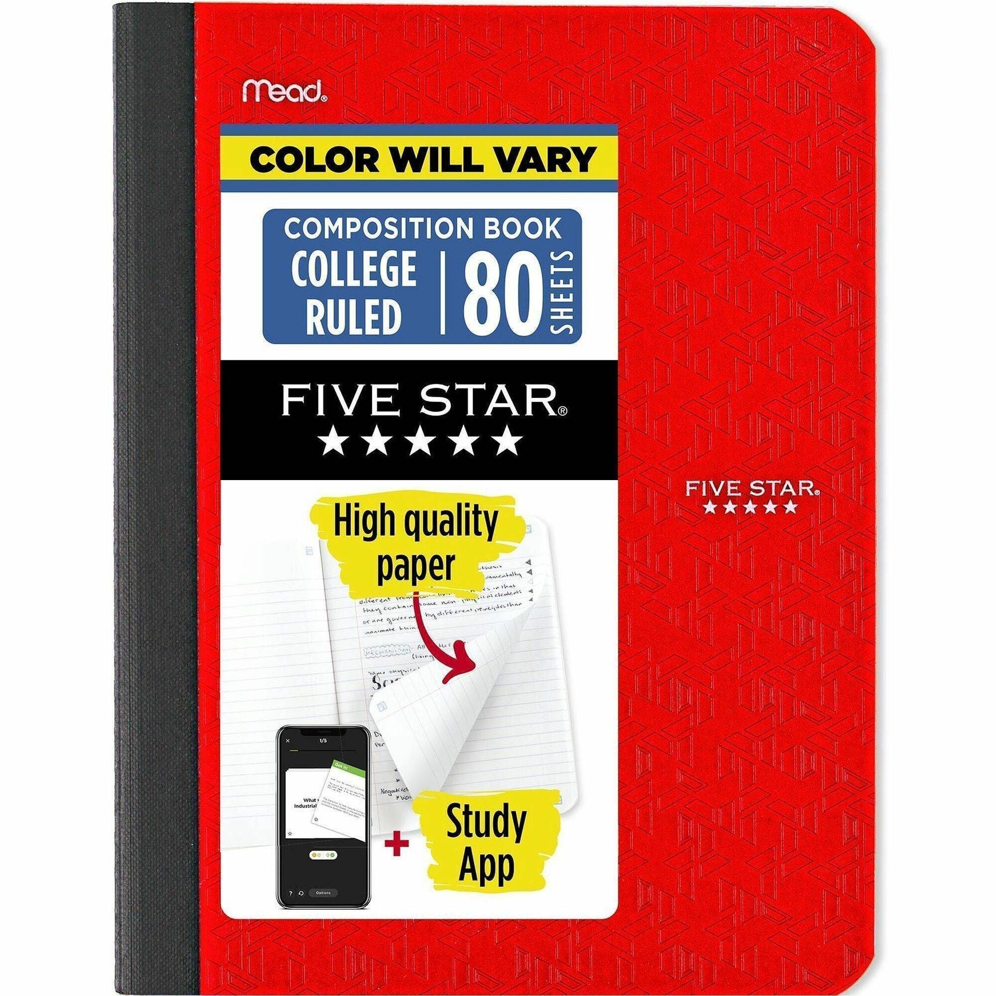 Mead College-Ruled Composition Book, 80 Sheets, 9 3/4" x 7 1/2", Sewn Binding, Assorted Plastic Cover, 1 Each