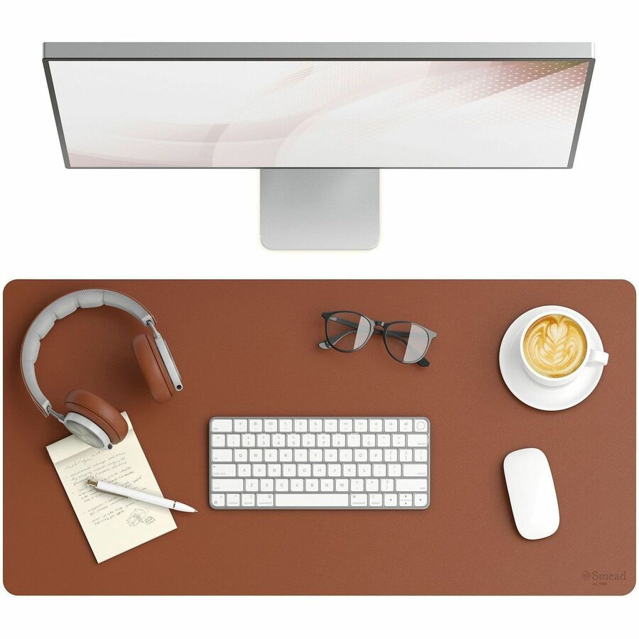 Smead Waterproof Desk Pad, Rectangular, 15.7" x 31.5", Faux Suede Backing, Vegan Leather, Saddle, 1 Each