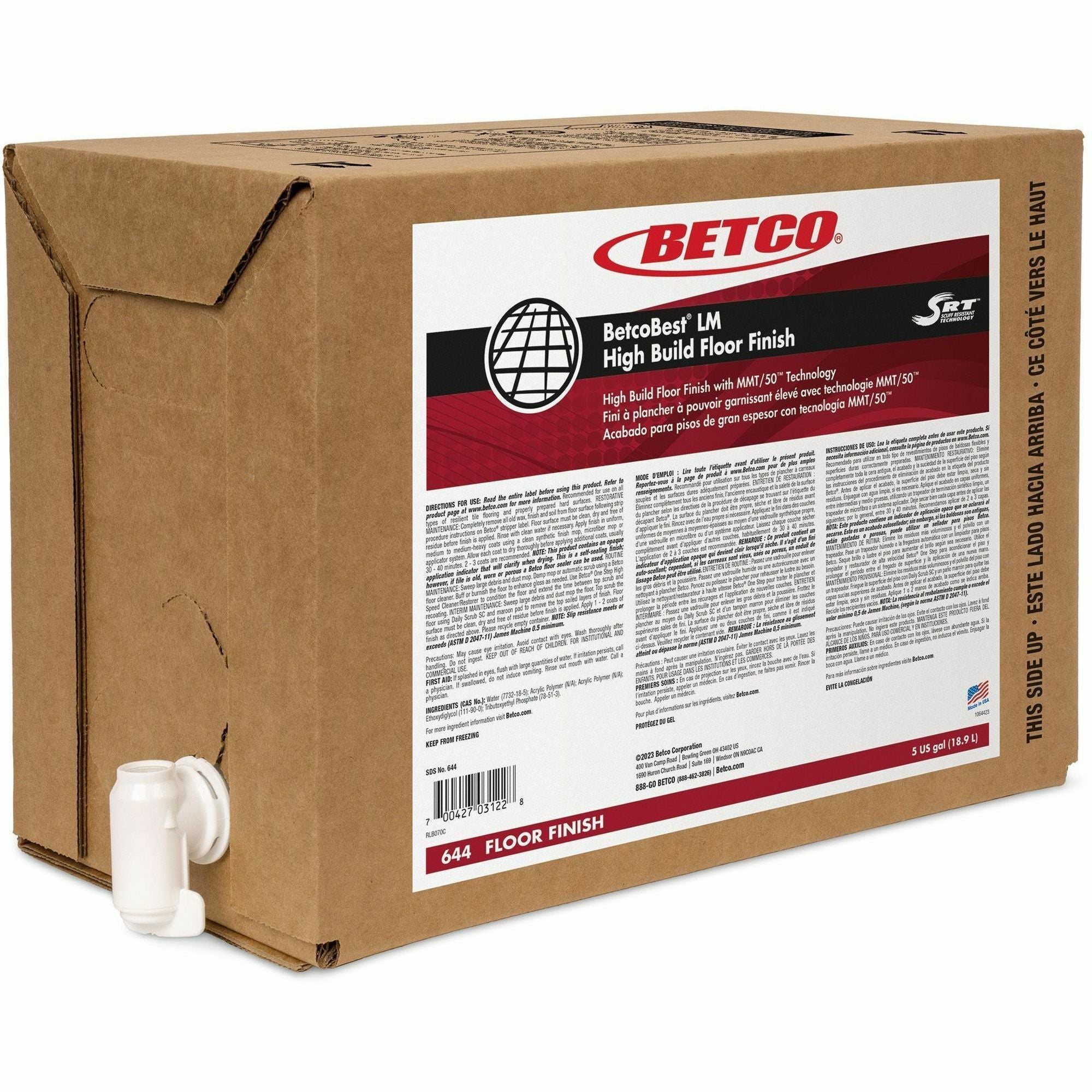 Betco BetcoBest LM Floor Finish, Liquid, 640 fl oz (20 quart), 9 pH, Mild Scent, Powder/Black Mark/Scuff/Heel Mark Resistant, Crystal Clear/Opaque, 1 Each