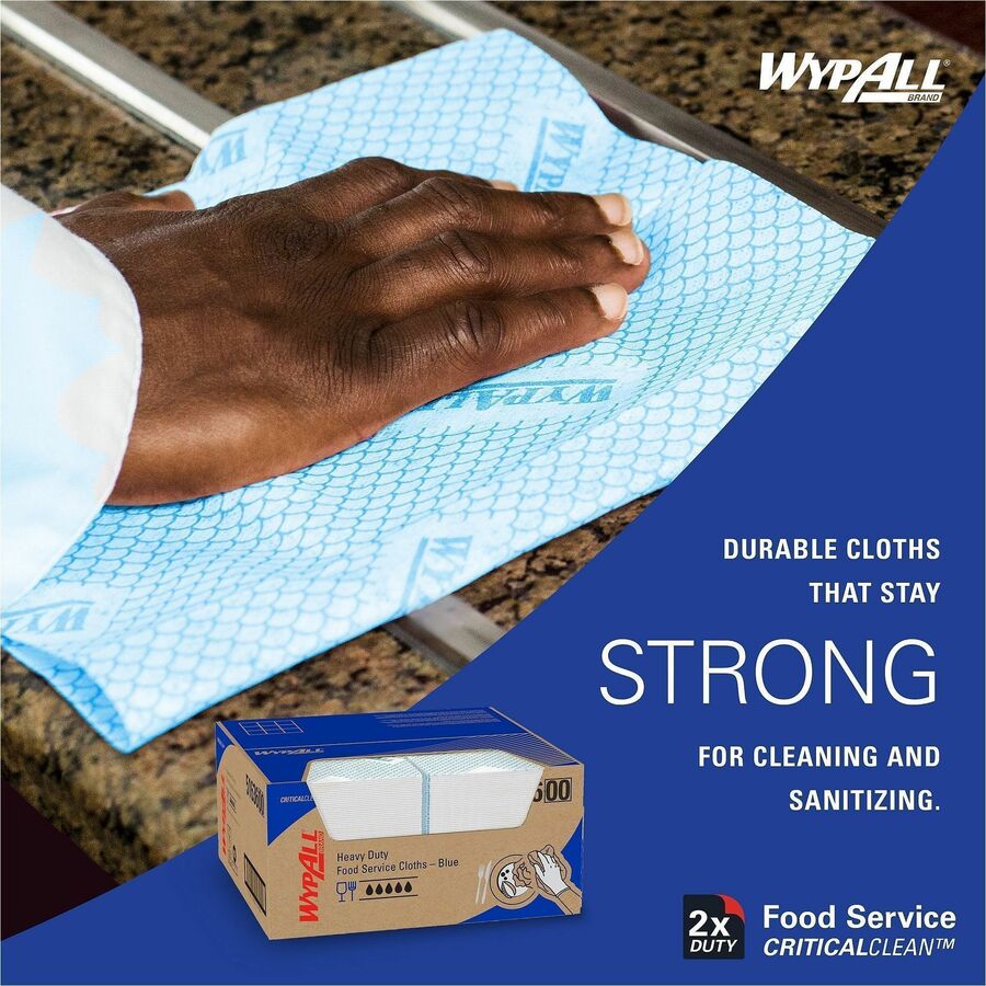 Wypall Critical Clean Foodservice Cloths, Quarter-Fold, 12.50" x 23.50", Blue, Hydroknit/Cellulose/Polypropylene, 200 Sheets per Box