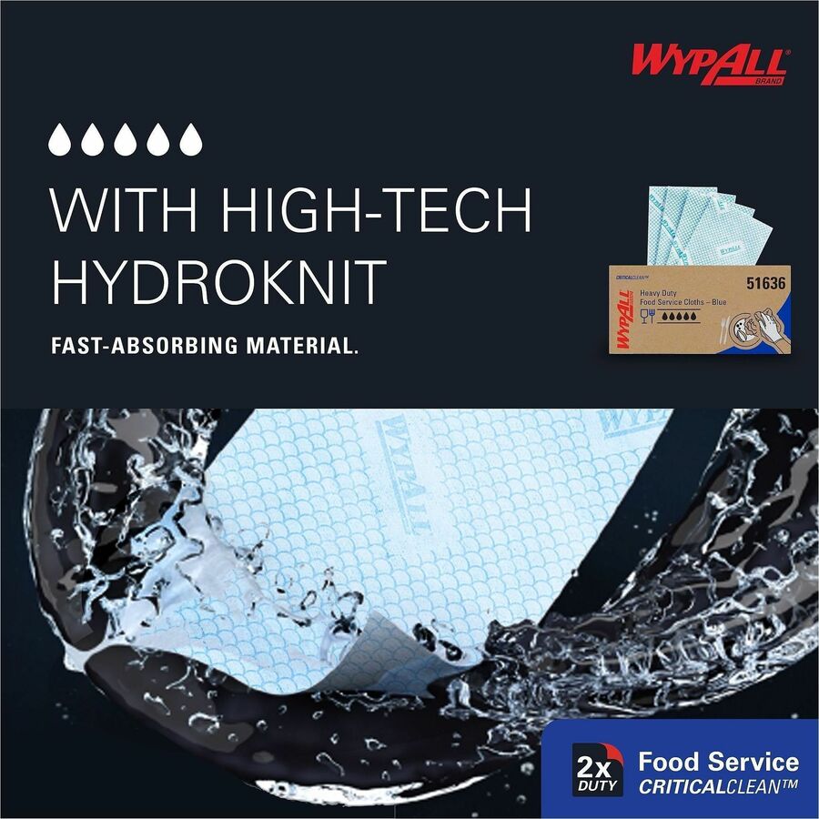 Wypall Critical Clean Foodservice Cloths, Quarter-Fold, 12.50" x 23.50", Blue, Hydroknit/Cellulose/Polypropylene, 200 Sheets per Box