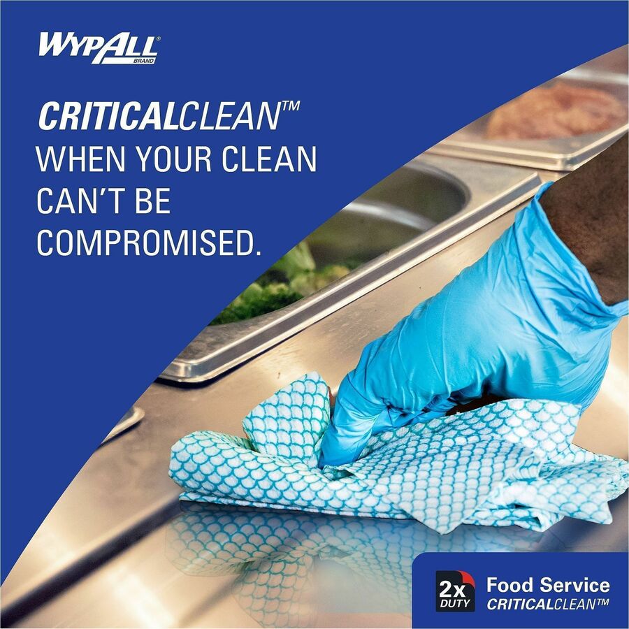 Wypall Critical Clean Foodservice Cloths, Quarter-Fold, 12.50" x 23.50", Blue, Hydroknit/Cellulose/Polypropylene, 200 Sheets per Box