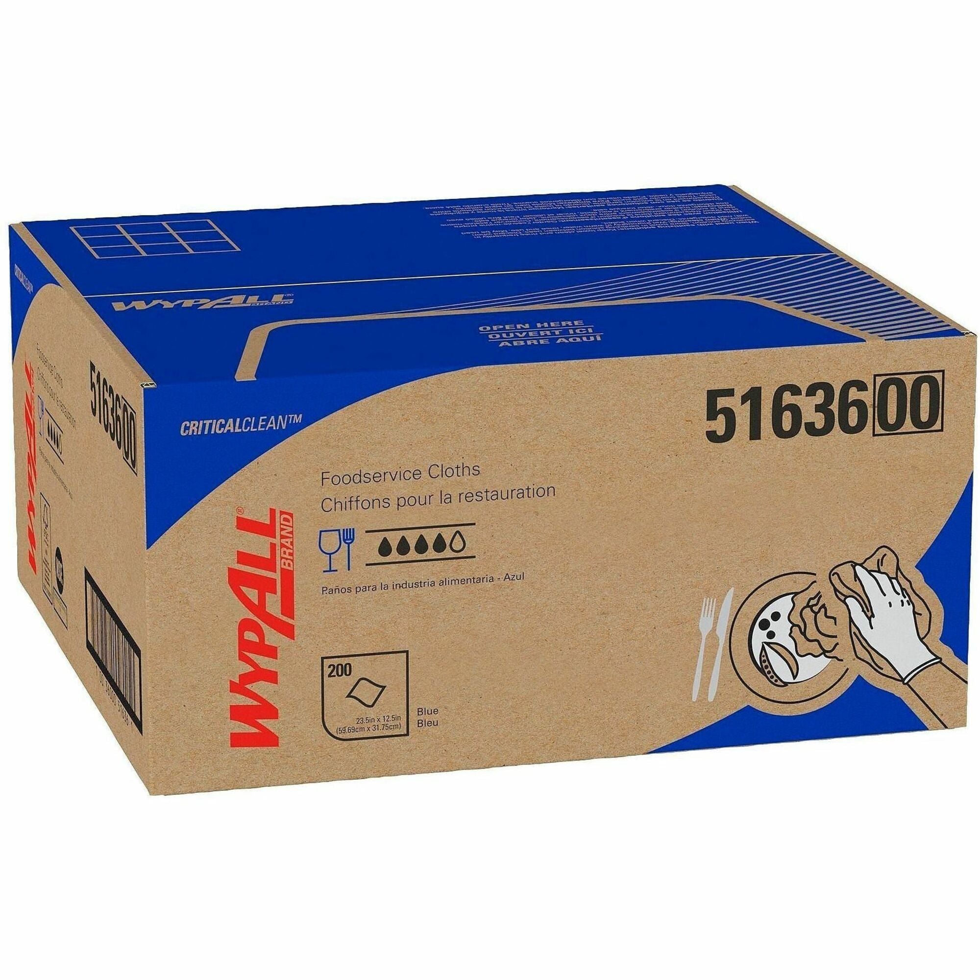 Wypall Critical Clean Foodservice Cloths, Quarter-Fold, 12.50" x 23.50", Blue, Hydroknit/Cellulose/Polypropylene, 200 Sheets per Box