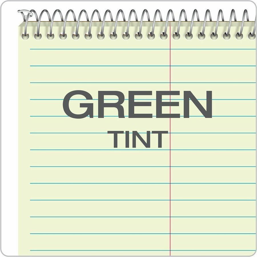80 Sheets - 160 Pages - Spiral Bound - Gregg Ruled Margin - 20 lb Basis Weight - 6" x 9" Sheet Size - Green Tint Paper - White Chipboard Cover - Portable, Spiral Bound, Sturdy Cover - 6 / Pack