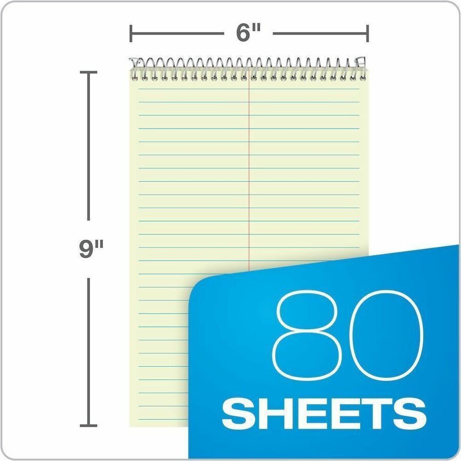 80 Sheets - 160 Pages - Spiral Bound - Gregg Ruled Margin - 20 lb Basis Weight - 6" x 9" Sheet Size - Green Tint Paper - White Chipboard Cover - Portable, Spiral Bound, Sturdy Cover - 6 / Pack
