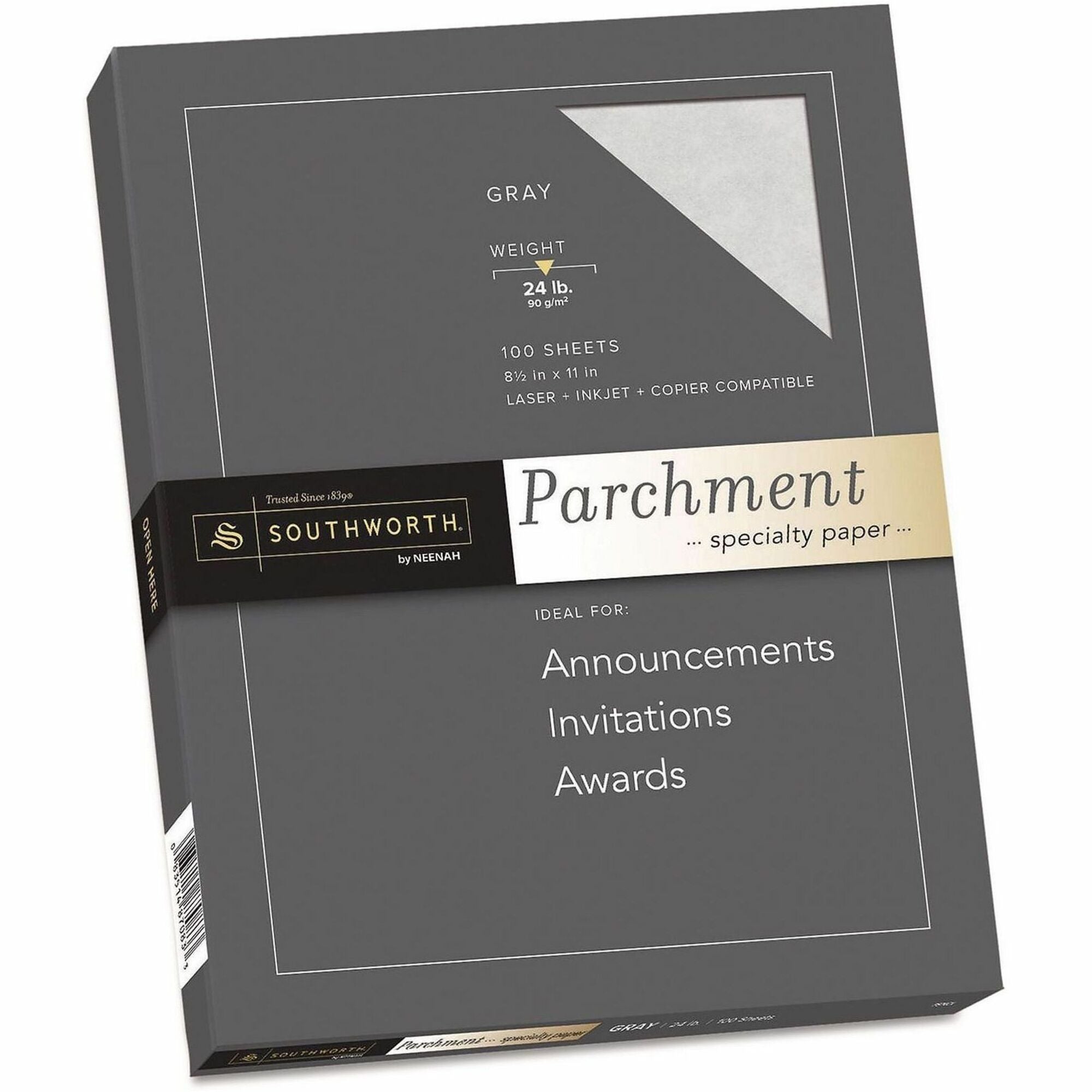 Southworth 24lb Parchment Specialty Paper, Letter Size, 8.5" x 11", Gray, Acid-Free, Lignin-Free, Non-Yellowing, 100 Sheets per Pack