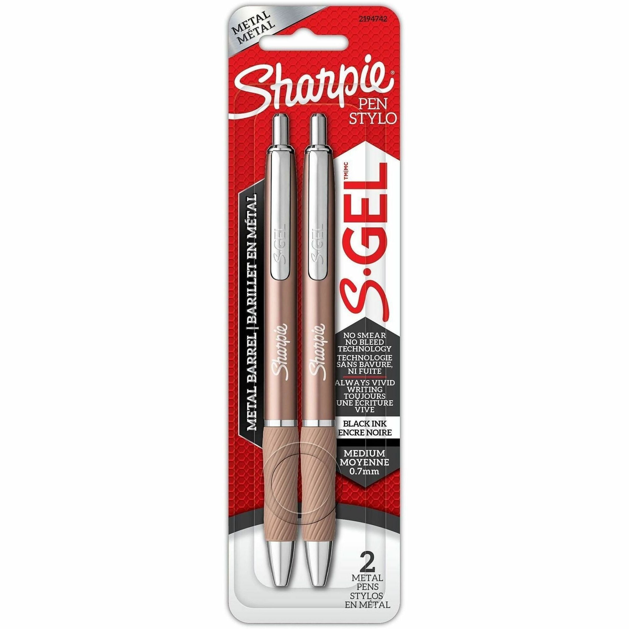 Sharpie S-Gel Pen - Retractable - Black Ink - Gel-based - Rose Gold Metal Barrel - Writing - 2 / Pack