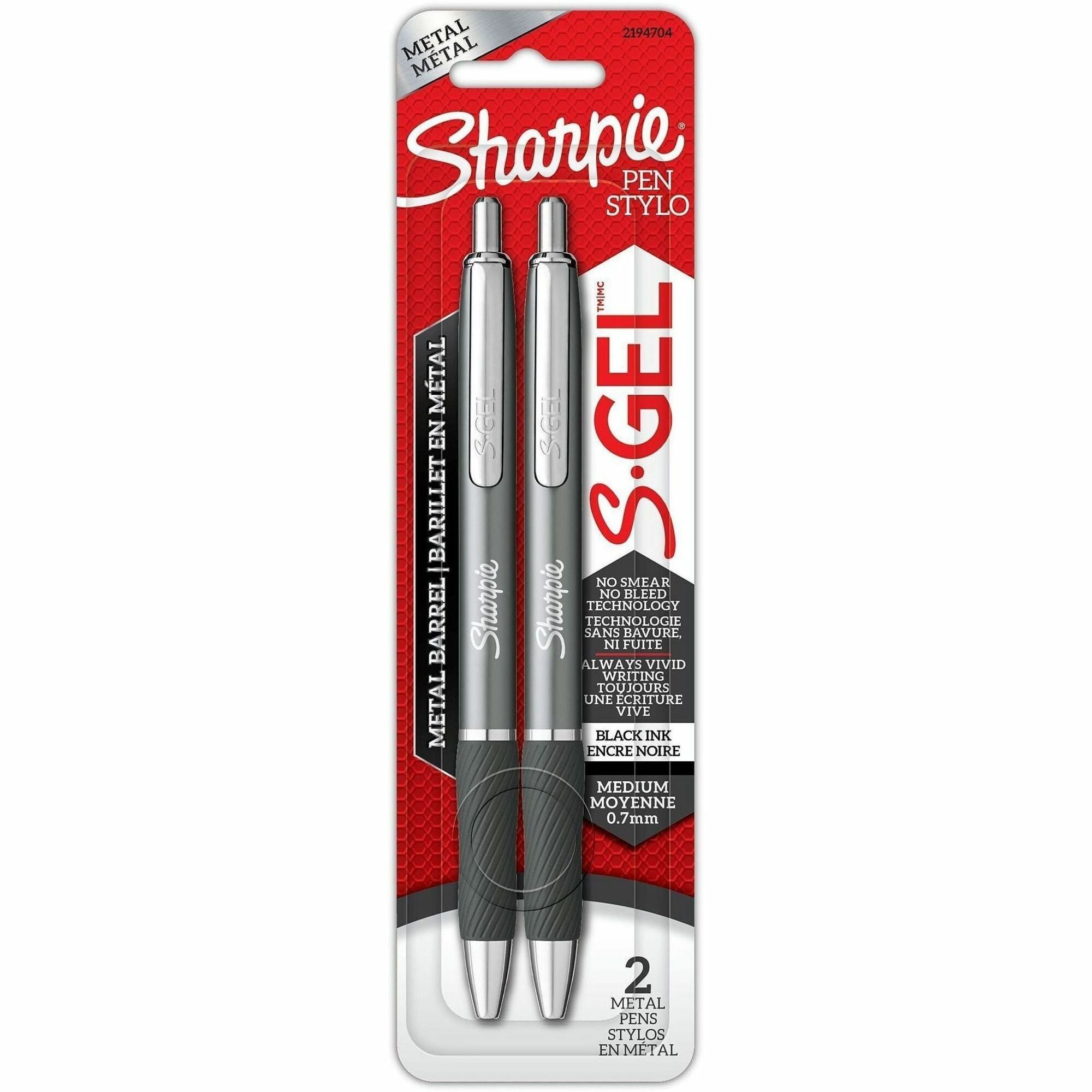 Sharpie S-Gel Pen - Retractable - Black, Gray Ink - Gel-based - Gray Metal Barrel - 2 / Pack