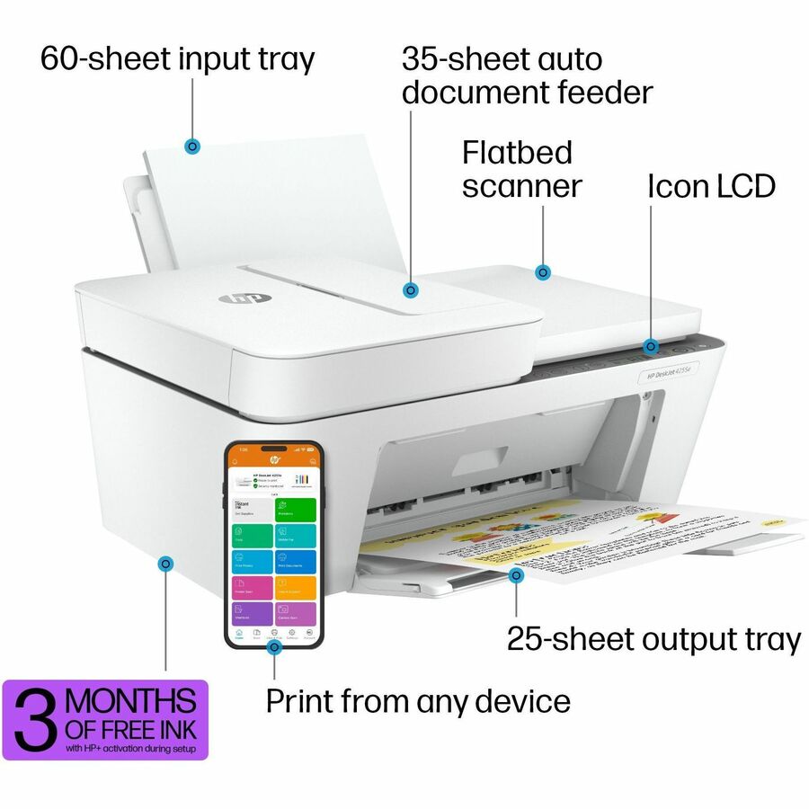 HP Deskjet 4255e Wireless Inkjet Multifunction Printer - Color - White
