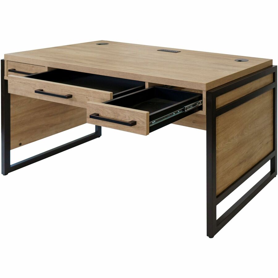 Martin Mason Monarca Laminate Unit, 31"H x 60"W x 30"D, 3 Drawers, Thermofused Laminate, Monarca Wood Finish, Solid Wood Frame, Cable Management, Grommet, AC Power Outlet, USB, Dark Bronze Hardware, 1 Each