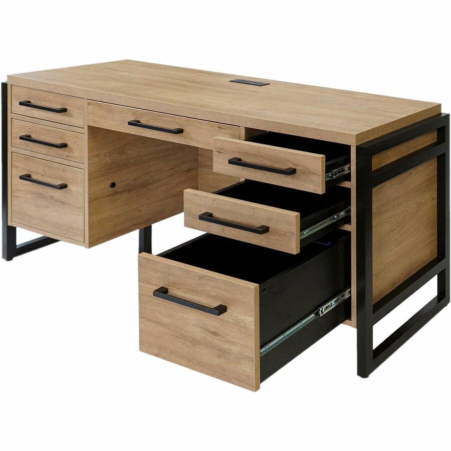 Martin Mason Monarca Laminate Unit, 31"H x 66"W x 21"D, 7 Drawers, Thermofused Laminate, Monarca Natural Wood Finish, Solid Wood Frame, Dark Bronze Hardware, AC Power & USB Outlets, 1 Each