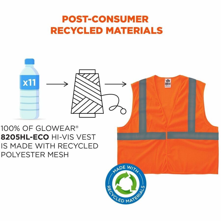 Ergodyne GloWear 8205HL-ECO Recycled Hi-Vis Vest, Small/Medium, Orange, Reflective, Hook & Loop Closure, Polyester Mesh, Lightweight, Breathable, Machine Washable, 1 Each