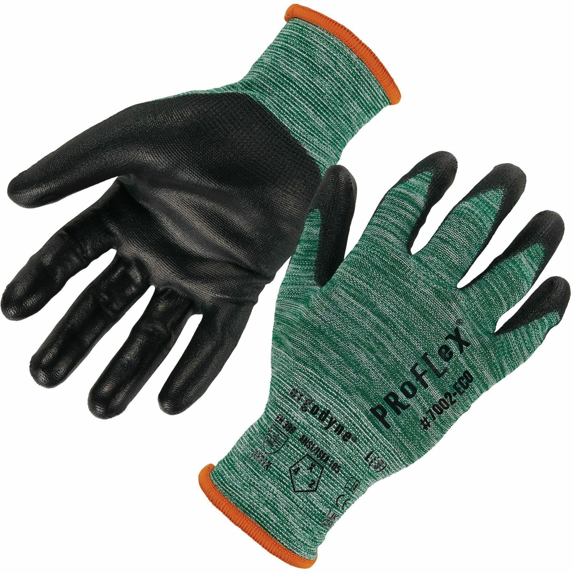 Ergodyne 7002-ECO Recycled PU-Coated Gloves, Small, Green, Touchscreen Capable, Polyurethane Palm, 15-Gauge R-PET Knit, Cut and Abrasion Resistant, Machine Washable, 2 Pairs