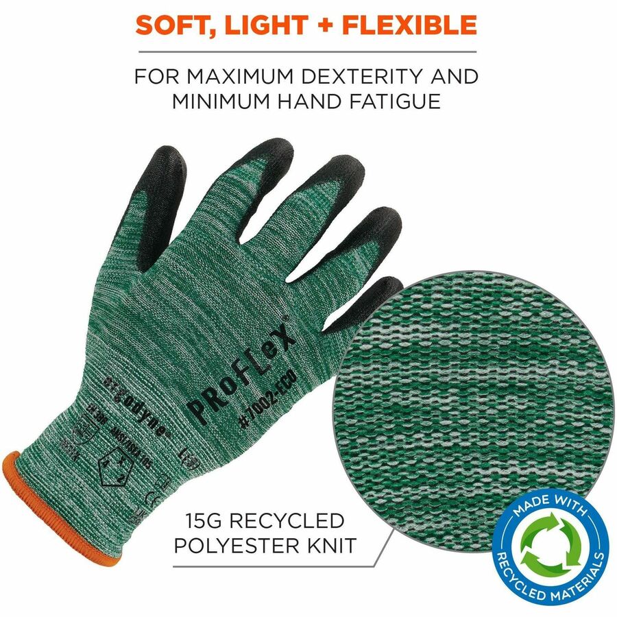 Ergodyne 7002-ECO Recycled PU-Coated Gloves, Small, Green, Touchscreen Capable, Polyurethane Palm, 15-Gauge R-PET Knit, Cut and Abrasion Resistant, Machine Washable, 2 Pairs