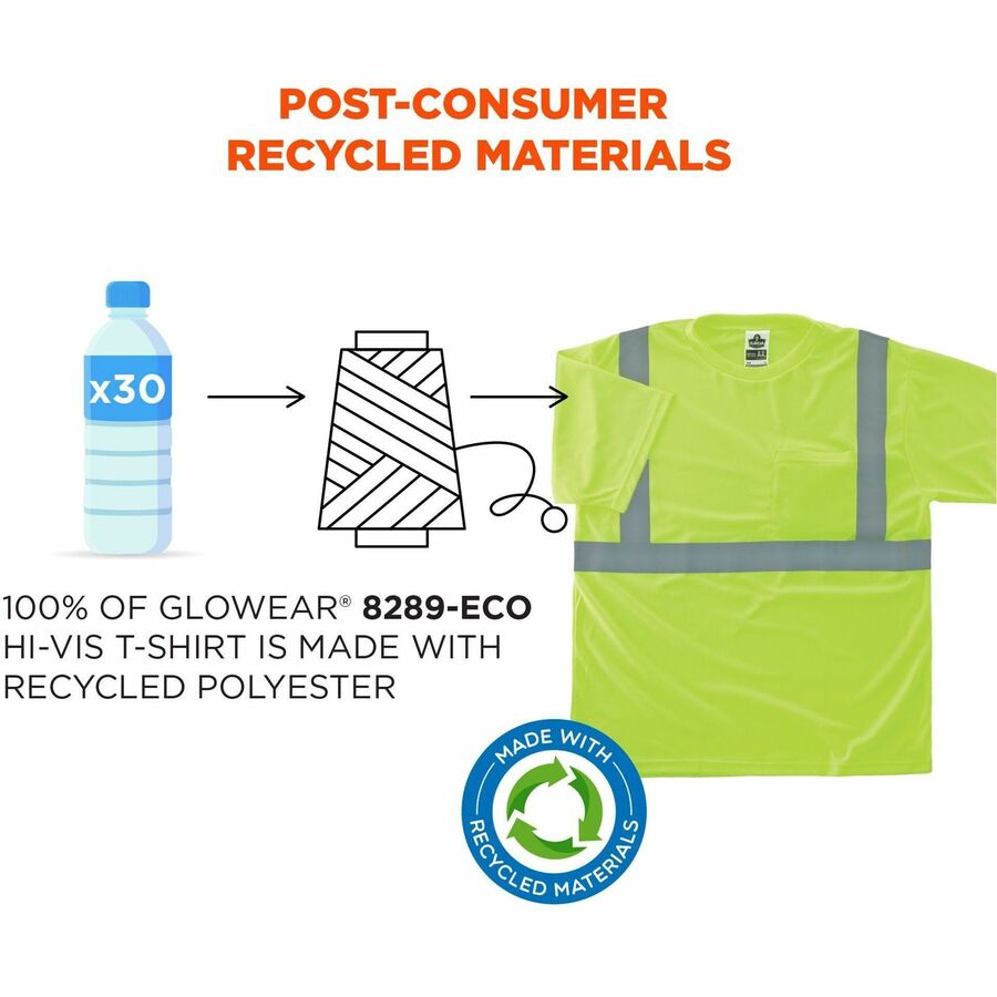 Ergodyne 8289-ECO Recycled Hi-Vis T-Shirt, Large, Lime, 100% Polyester, 1 Each