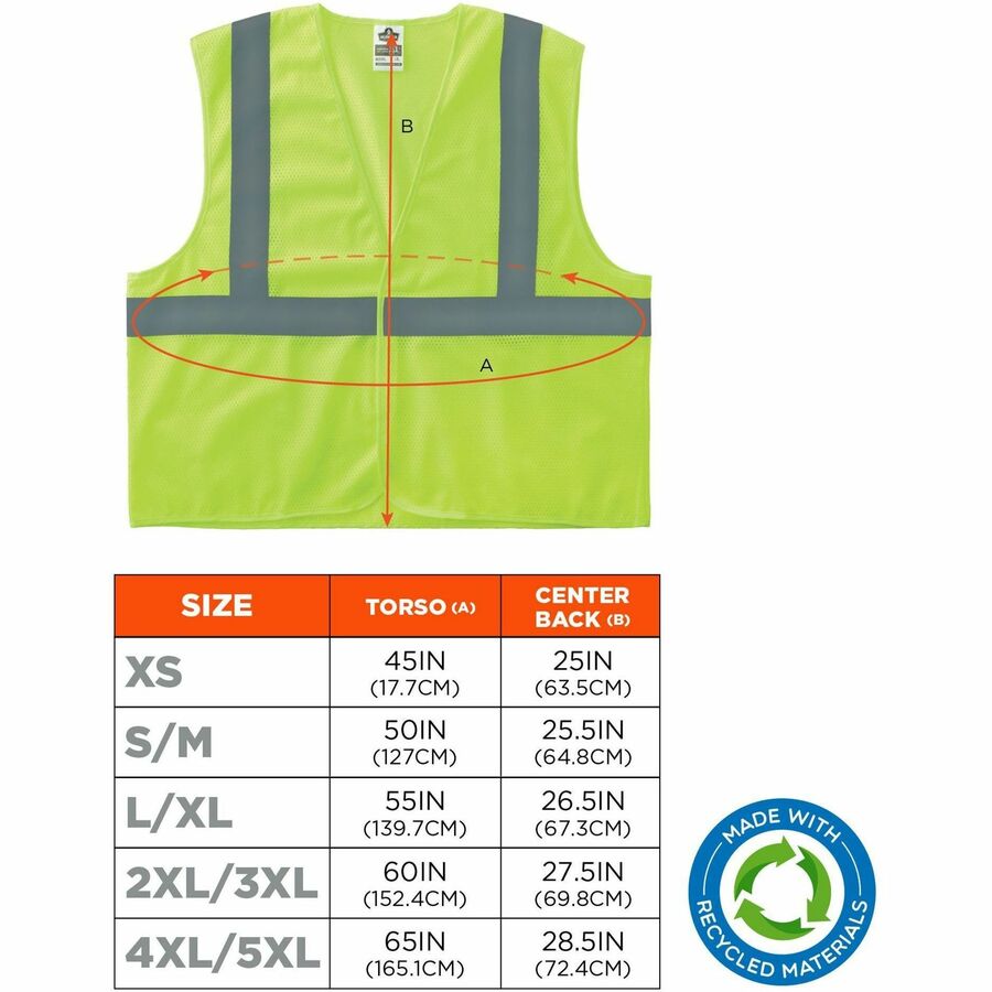 Ergodyne GloWear 8205HL-ECO Recycled Hi-Vis Vest, 4XL/5XL, Lime, Polyester Mesh, Hook & Loop Closure, Reflective, Lightweight, Breathable, Durable, Machine Washable, 1 Each