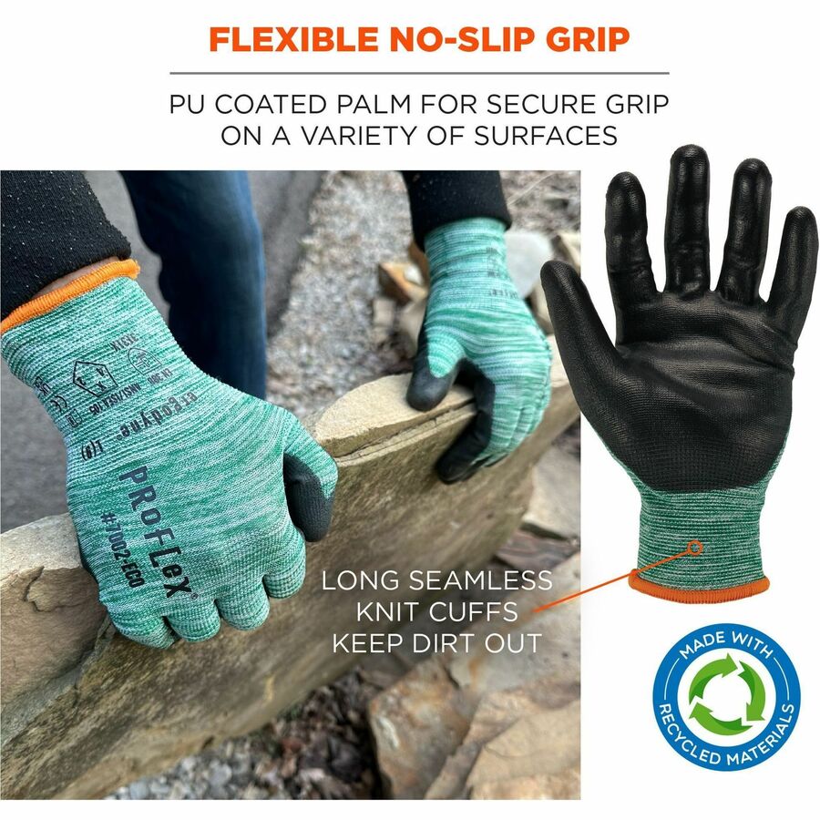 Ergodyne ProFlex 7002-ECO Recycled PU-Coated Gloves, Medium, Green, Touchscreen Capable, Cut and Abrasion Resistant, Excellent Grip, Lightweight, 2 Pairs