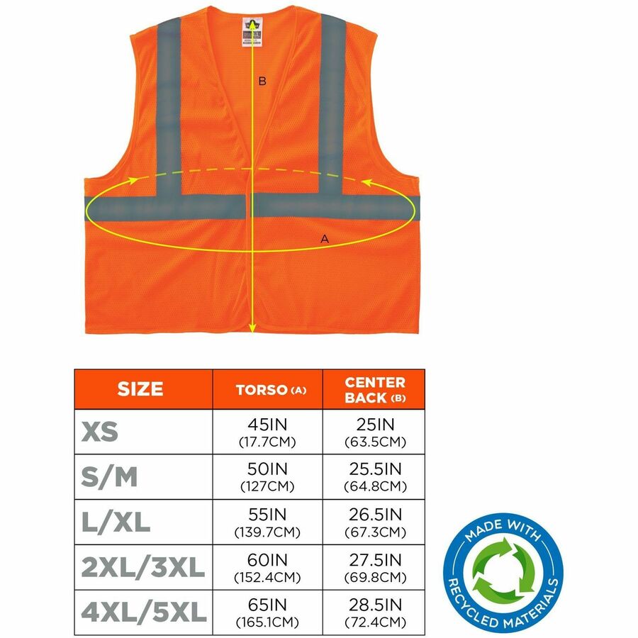 Ergodyne GloWear 8205HL-ECO Recycled Hi-Vis Vest, 4XL/5XL, Orange, Polyester Mesh, Hook & Loop Closure, Reflective, Machine Washable, Lightweight, Breathable, Durable, 1 Each