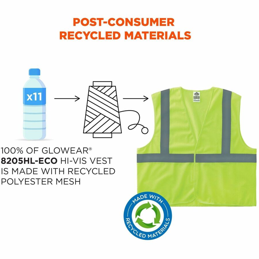 Ergodyne GloWear 8205HL-ECO Recycled Hi-Vis Vest, 2XL/3XL, Lime, Polyester Mesh, Hook & Loop Closure, Reflective, Machine Washable, Lightweight, Breathable, Durable, 1 Each