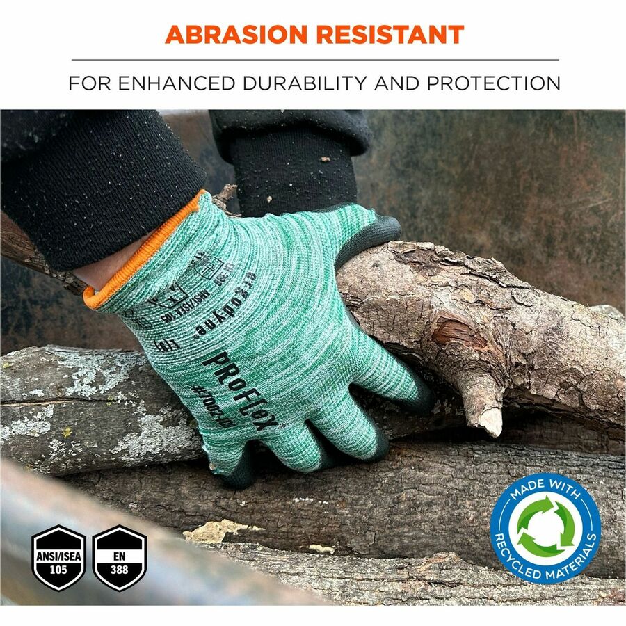 Ergodyne ProFlex 7002-ECO Recycled PU-Coated Gloves, Large, Green, Touchscreen Capable, Polyurethane Palm, 15-Gauge, Cut and Abrasion Resistant, Machine Washable, 2 Pairs