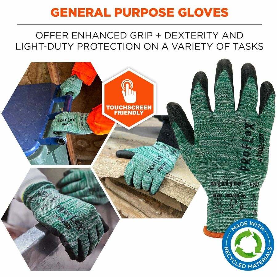 Ergodyne ProFlex 7002-ECO Recycled PU-Coated Gloves, Large, Green, Touchscreen Capable, Polyurethane Palm, 15-Gauge, Cut and Abrasion Resistant, Machine Washable, 2 Pairs
